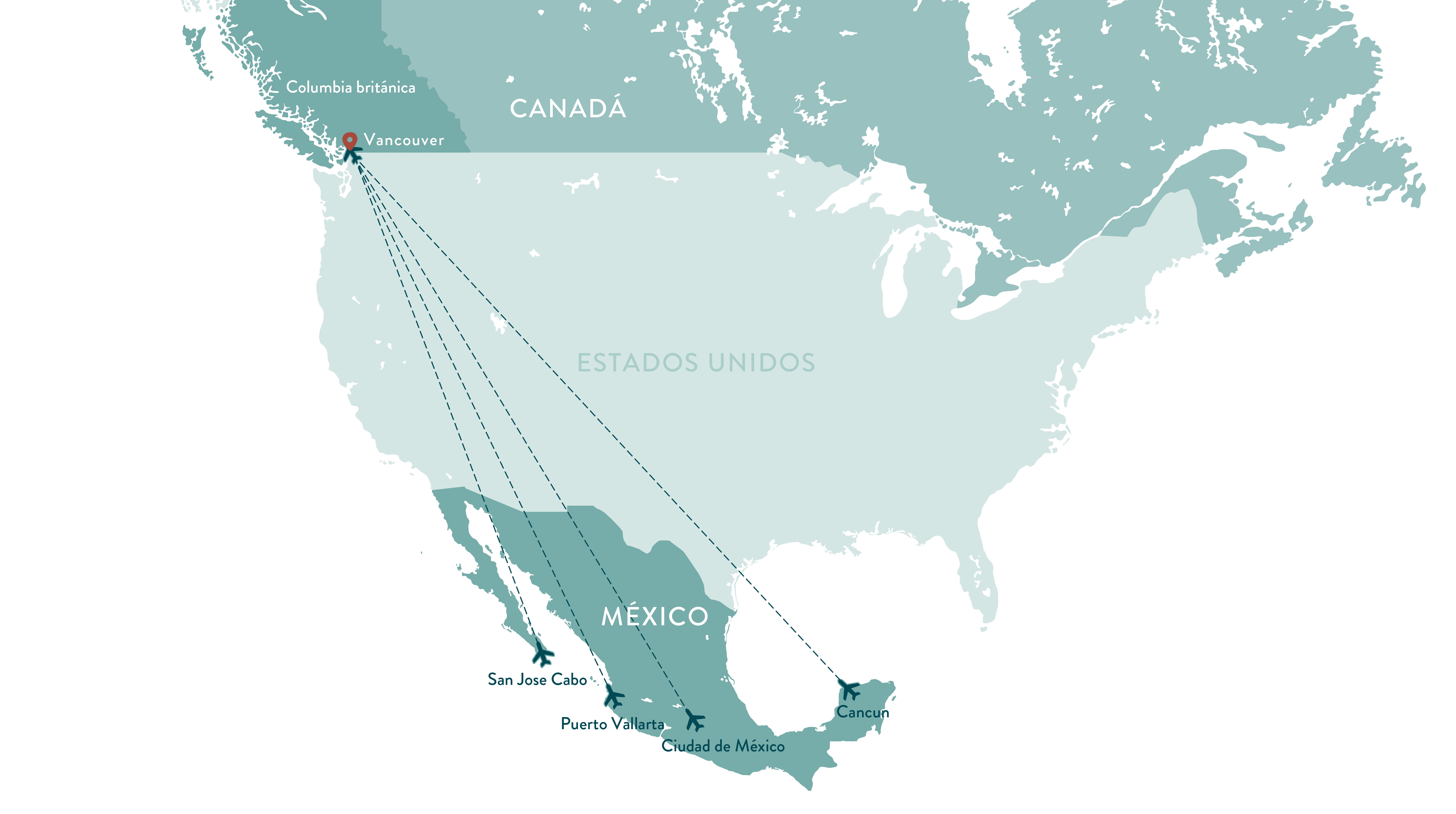 Flight map from Mexico to British Columbia