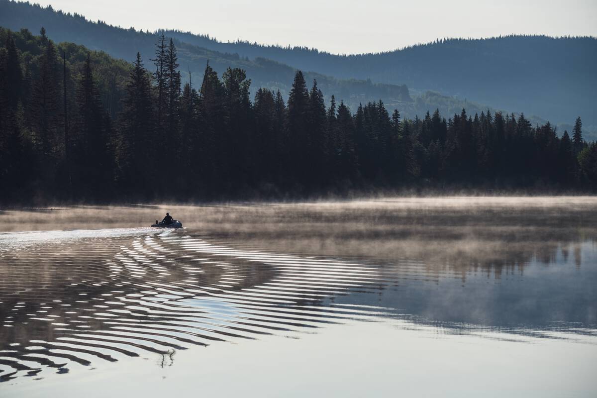Heading out fishing on a misty morning on Lac des Roches in the Cariboo Chilcotin Coast